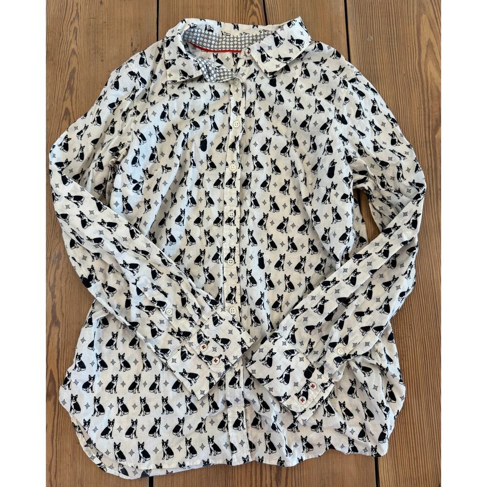 Talbots Button Up Medium Boston Terrier Dog Black‎ White
